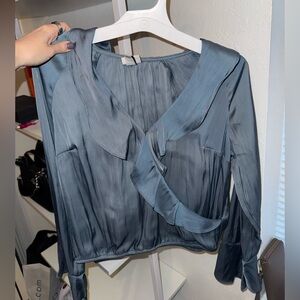 Women's Teal Blue Satin Long Sleeve Blouse